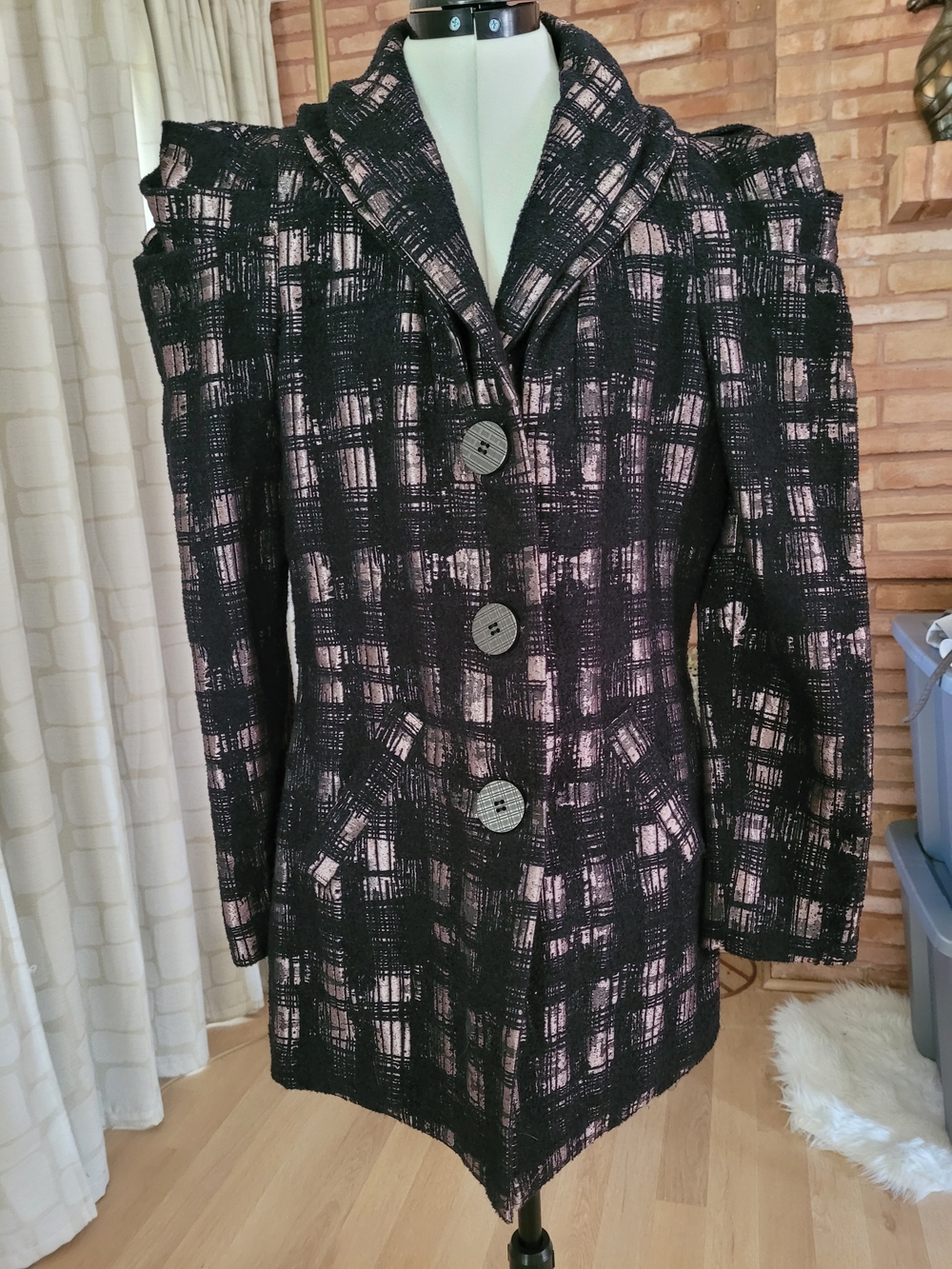 Samuel Dong Black Wool and Metallic Lavendar Checked Coat